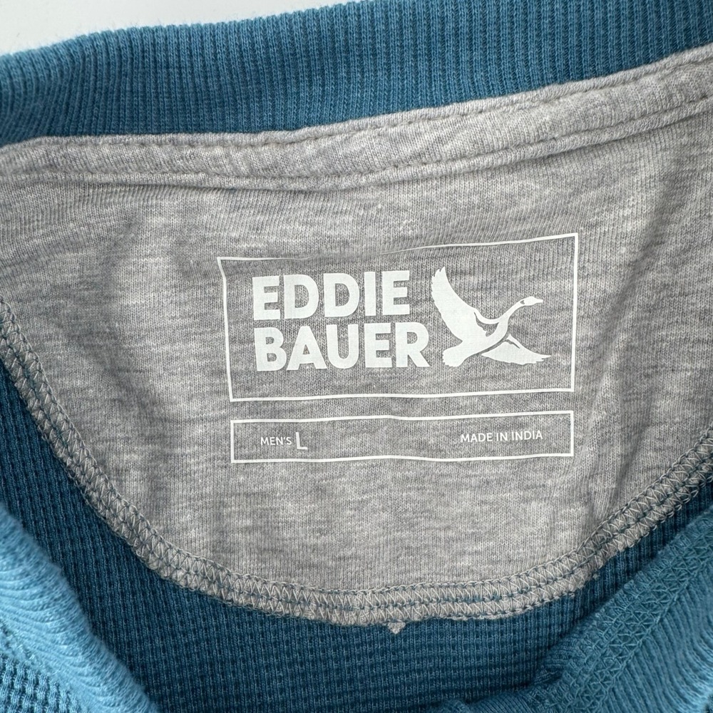 Eddie Bauer Mens Henley Shirt Large Blue Waffle Knit Thermal Long Sleeve Cotton - Picture 4 of 7